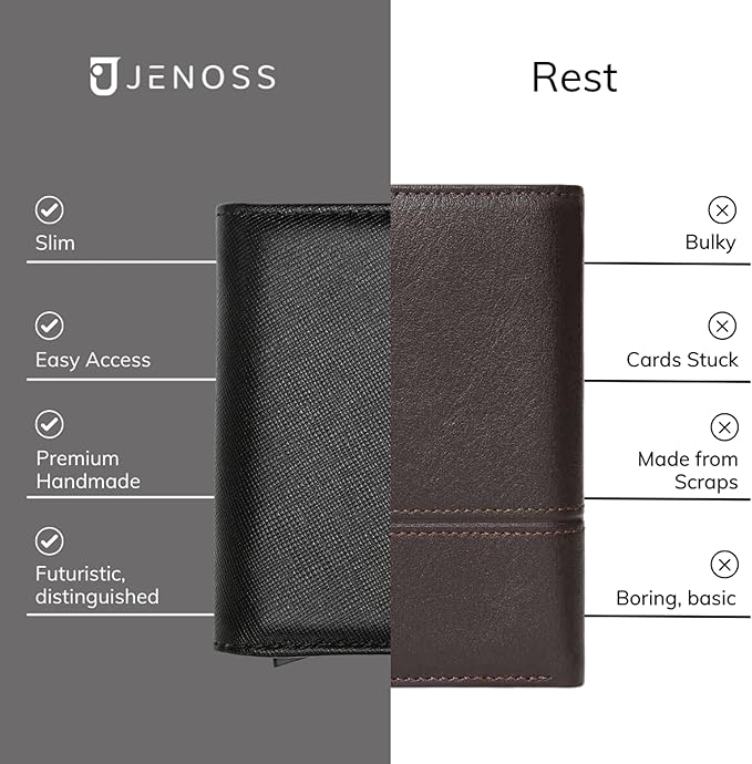 Vincenzo Smart Wallet For Men: Full Grain Leather, Handcrafted, Slide Metal Pop Up Case, Slim RFID Blocking Credit Card Holder, Minimalist, Compact, Front Pocket - 8-12 Organizers | Money Clip (Black)