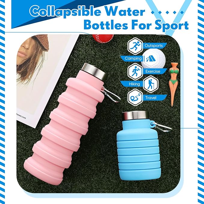 Baderke 2 Pcs Collapsible Water Bottles 17oz Silicone Travel Foldable Portable Water Bottle with Buckle Silicone Lightweight Reusable Leakproof for Camping Hiking Cycling Sport(Pink, Blue)