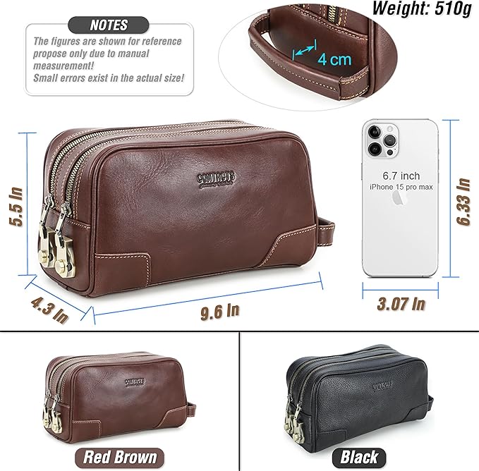 Top Grain Genuine Leather Travel Organizer Clutch Bag, Handmade Retro Vintage Design, 3 Zipper Pockets & Combination Locks, Portable Storage Bag for Phone/Cable/Charger/Notebook/Cash/Cosmetic, Black