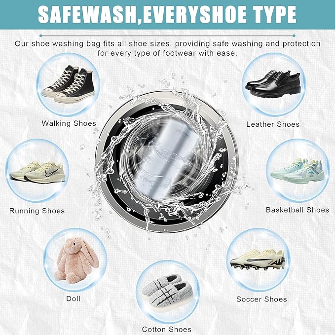 XXL Shoe Washing Machine Bag - 2 Reusable 360° Deep Clean Shoes Washing Bag for Washer and Dryer, Durable Zipper Laundry Shoe Bag Kit Include Laundry Bag for Delicates/Bra Laundry Bags (White)