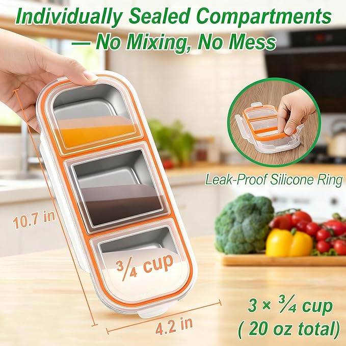 Dobyusf 4 Pack Stainless Steel Snack Containers - 3 Compartment Leak Proof Bento Box with 7oz Capacity, BPA-Free Reusable Food/Sauce Containers Containers for Office, Travel, On-the-Go Meals
