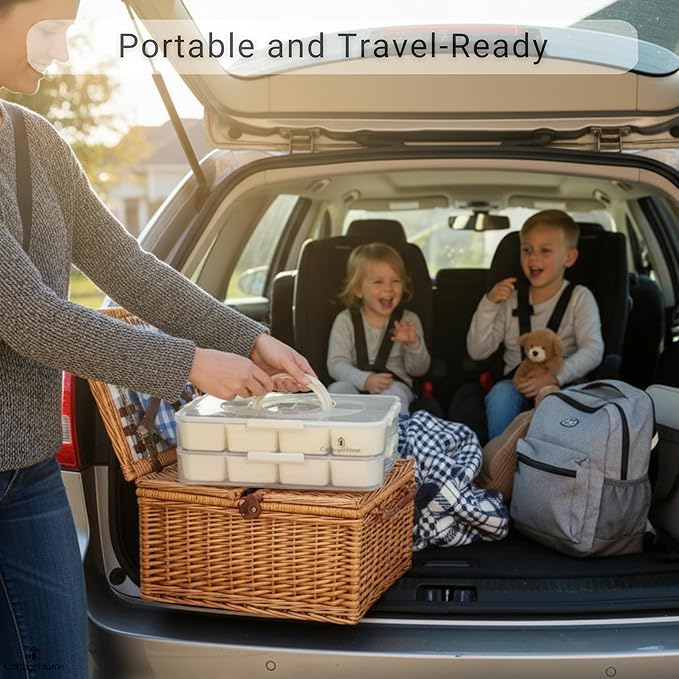 Snackle Box Container with 8 Removable Compartments - 2 Pack Divided Serving Tray with Lid and Handle for Candy, Fruits, Veggies, Nuts, Snacks - Dishwasher Safe, Reusable Travel Snack Box