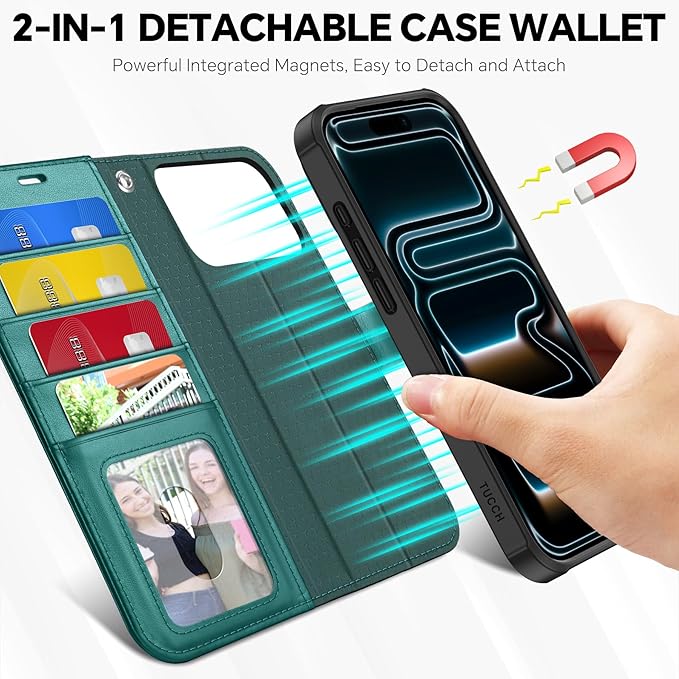 TUCCH 2-in-1 Removable Case Wallet for iPhone 17 Pro Max (6.9") 2025, Detachable Wrist Strap, 4 Card Holders RFID Blocking, Wireless Charging, Stand, Magnetic, PU Leather Folio Cover, Bluish Green