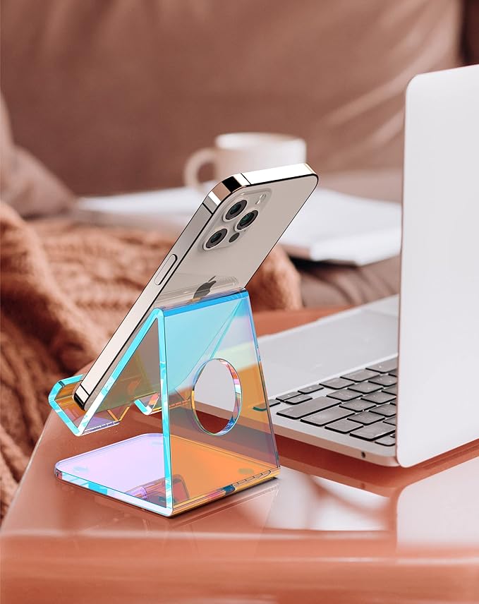 TOPGO Acrylic Phone Stand, Clear Phone Holder for Office Desk, Vanity, Kitchen Counter, Bedside Table, Compatible with iPhone 17 16 15 14 13 12 Pro Max Plus/Smartphones/iPad/Switch - Iridescent Color