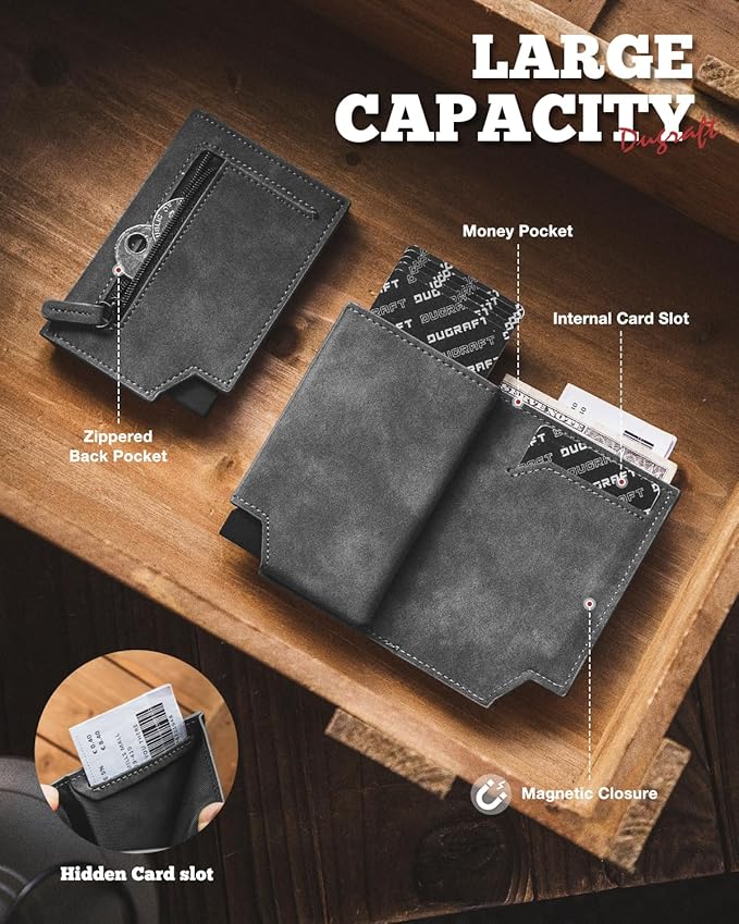 DUGRAFT Minimalist Wallet for Men, RFID Blocking Credit Card Holder with Zipper Large Capacity Money Organisers for Airtag Cash Coins & Credit Cards