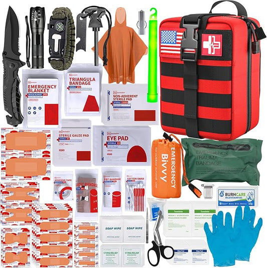First Aid Kit,Survival Gear Outdoor Tactical Gear Set Military Grade Molle System for Camper Travel Hunting Hiking and Adventures（RED）