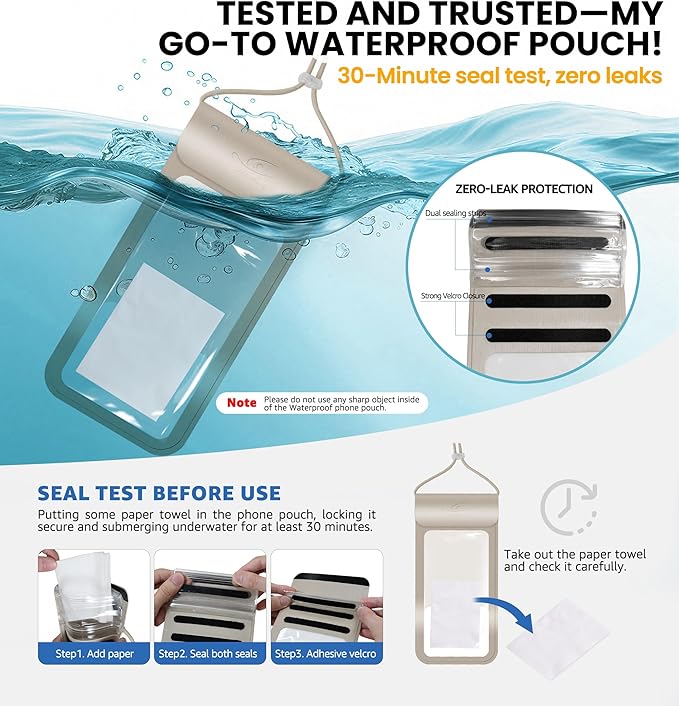 HiRui Universal Waterproof Phone Pouch with Touch Screen, IP68 Waterproof Phone Case Dry Bag for Beach, Compatible with iPhone 16/15/14/13/12/XR/SE, Samsung Galaxy, Fits up to 6.1" (Gold, Large)