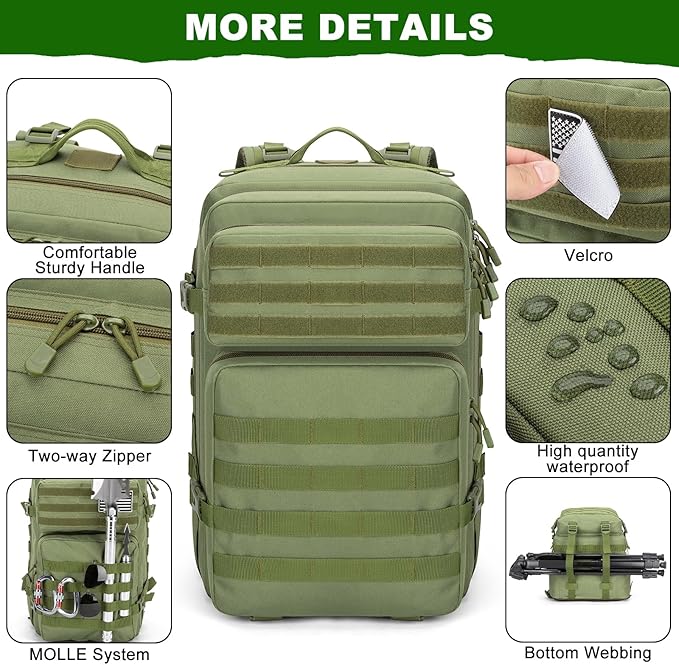 Tactical Backpack 45L Military Rucksack, Water Resistant MOLLE Assault Pack, Large 3 Day Bug Out Bag for Men & Women, Durable Outdoor Gear for Hiking, Camping, Hunting, Travel (ArmyGreen)