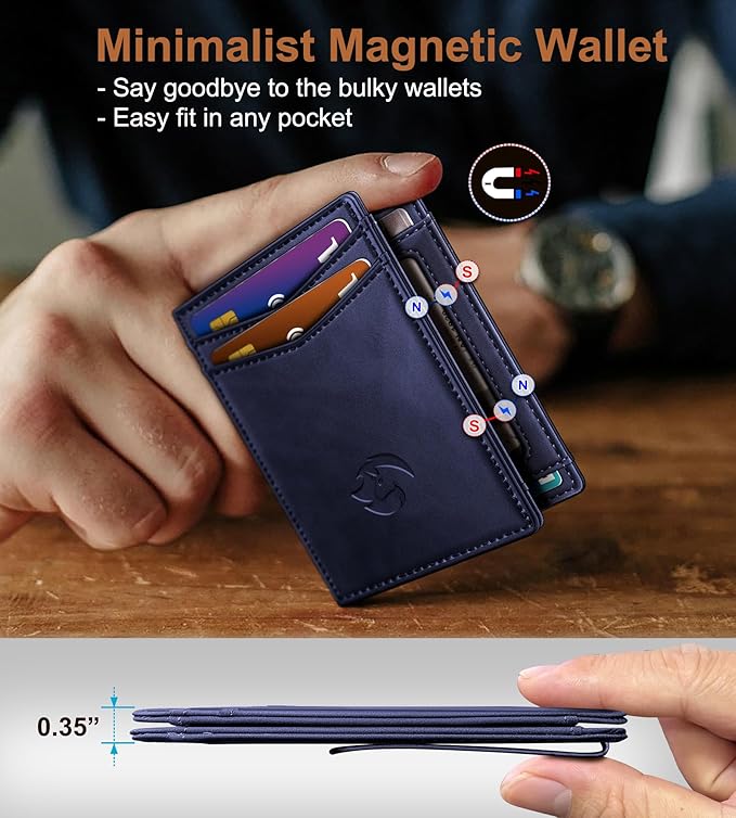 Housmai Magnetic Closure Slim Wallet with Money Clip Gift Boxed,Genuine Leather Front Pocket Wallet for Men, 3.9"x 2.11", RFID Blocking