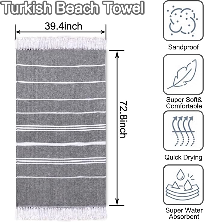 2 Pack Oversized 39 x 72 Turkish Beach Towels, Super Absorbent & Quick Dry, Sand Free, Lightweight Pool Towels for Adults Travel, Super Soft with Aloe Vera Extract