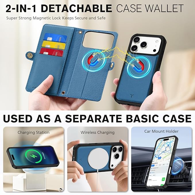 TUCCH Removable Crossbody Case Wallet for iPhone 17 Pro (6.3") 2025, Wireless Charging, RFID Blocking 9 Card Slots, Lanyard, Wrist Strap, Zipper Pocket, PU Leather, Stand Magnetic Cover, Light Blue