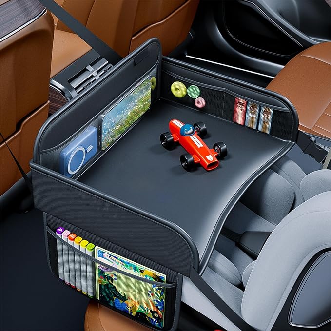 Kids Travel Tray - PU Leather Kids Travel Tray for Car Seat, Desk Organizer Lap Table Stand Holder for Tablet Laptop Cup Snack Airplane Bed Carseat Portable Activity