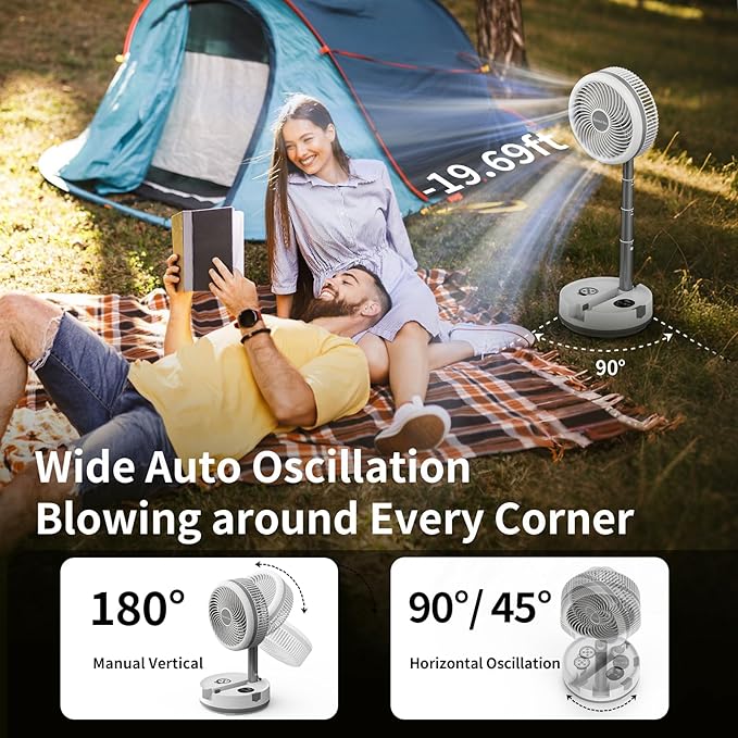 Socool 40000mAh Battery Operated Foldable Fan,Rechargeable Standing Fan, Remote Control & Colorful Light, Oscillating Telescopic, Timer & Digital Display, Foldaway Fans for Camping Travel Outdoor