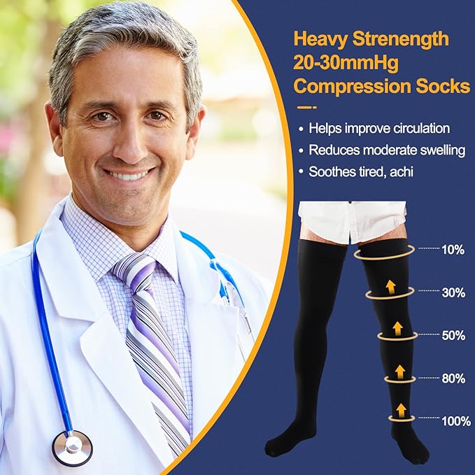 Zhanmai 2 Pairs Thigh High Men's Compression Socks 20-30 Mmhg Compression Stocking with Silicone Grip Men's Dress Socks (X-Large)