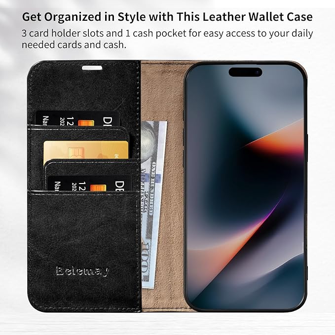 Belemay Leather Wallet Case Compatible with iPhone 17 Pro Max, Premium Cowhide Leather Two-Tone Effect, RFID Blocking Card Holders, Shockproof TPU Shell, Kickstand, Protective Flip Cover, 6.9", Black