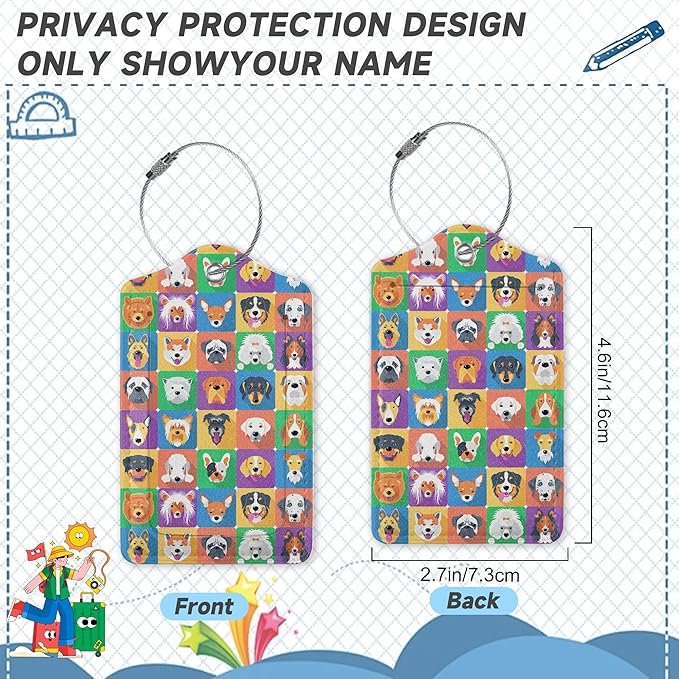 Cute Dog Luggage Tag for Suitcase 2 Pcs Unique Leather Suitcase Tags with Full Privacy Cover Stainless Steel Loop for Women Men Travel Baggage Bag Backpack