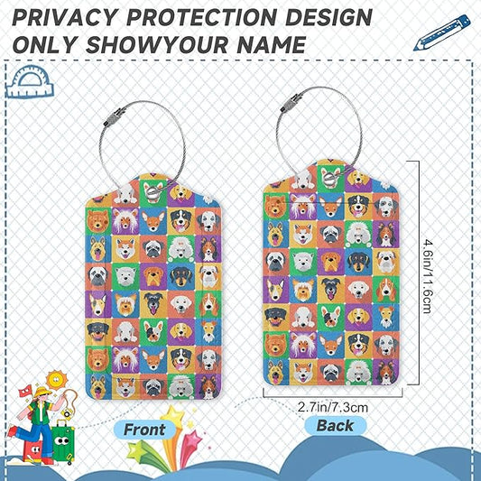 Cute Dog Luggage Tag for Suitcase 2 Pcs Unique Leather Suitcase Tags with Full Privacy Cover Stainless Steel Loop for Women Men Travel Baggage Bag Backpack