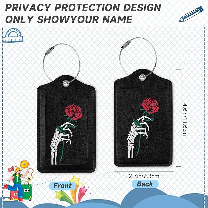 2 Pack Luggage Tag for Suitcase,Skeleton Hand Holding Rose Leather Bag Tags Identifiers Privacy Cover ID Label with Durable Steel Loop for Women Men Kids Girls Travel