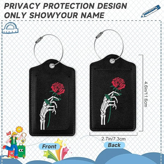 2 Pack Luggage Tag for Suitcase,Skeleton Hand Holding Rose Leather Bag Tags Identifiers Privacy Cover ID Label with Durable Steel Loop for Women Men Kids Girls Travel