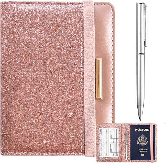Caweet Passport Holder and Vaccine Card Holder Combo RFID Blocking Leather Vaccination Card Wallet with Elastic Band Closure, Glitter Rose Gold