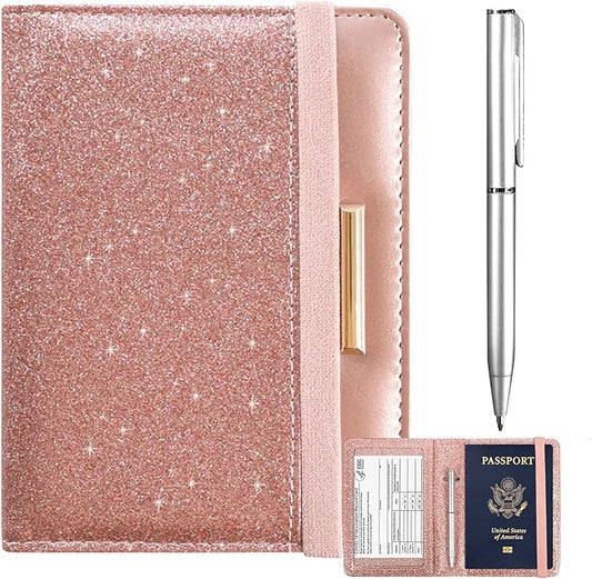 Caweet Passport Holder and Vaccine Card Holder Combo RFID Blocking Leather Vaccination Card Wallet with Elastic Band Closure, Glitter Rose Gold