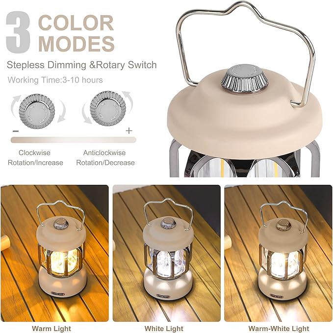 Rechargeable LED Camping Lanterns, Vintage Camping Lights Battery Operated, Portable Retro Metal Glamping Lights for Hiking, Hurricane, Decoration, Power outages, White, 1 Pack