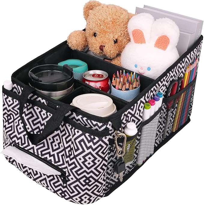 HEYSKAY Car Seat Organizer-Passenger Seat Organizer, Collapsible Small Car Seat Organizer for Console Front/Back, Car Caddy with 4pc Drink Holders Automotive Backseat Organizer for Kids