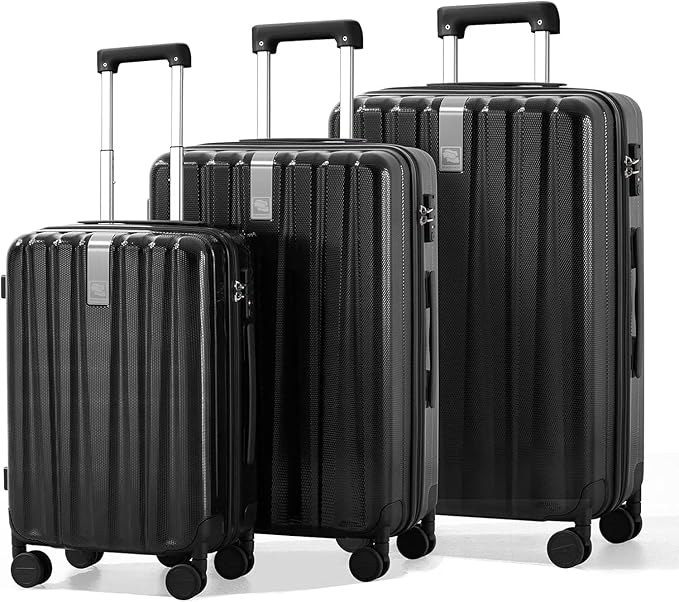 Hanke Luggage Sets 3 piece Carry On Luggage with Wheels PC Hard Shell Suitcases Lightweight Checked Travel Luggage Large Travel Suitcase Woman Men 20/24/29 Inch(Jet Black)
