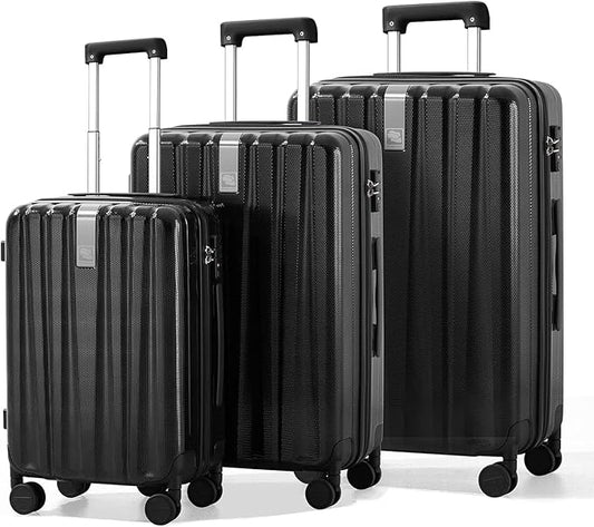 Hanke Luggage Sets 3 piece Carry On Luggage with Wheels PC Hard Shell Suitcases Lightweight Checked Travel Luggage Large Travel Suitcase Woman Men 20/24/29 Inch(Jet Black)