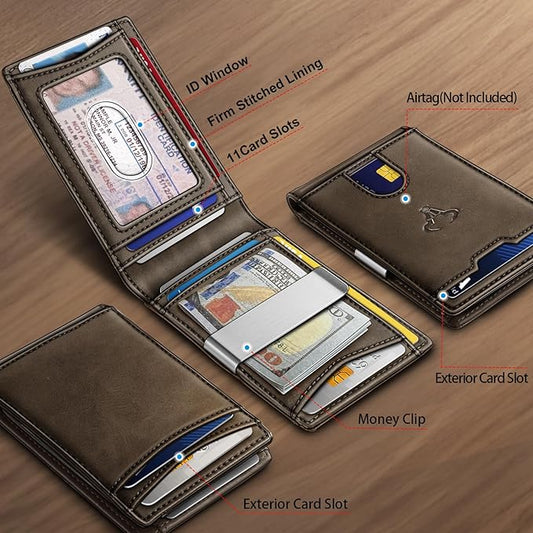BULLIANT Men Wallet Airtag&Standard Use,Slim Front Pocket Wallet Money Clip for Gifg Men RFID Blocking 11Cards