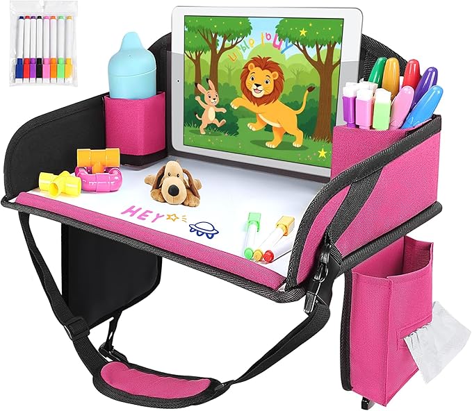 WENRENER Kids Travel Tray for Airplane - Toddler Car Seat Table Tray, Road Trip Essentials for Boys & Girls, Carseat Lap Desk for Kids Road Trip Activities (Pink)