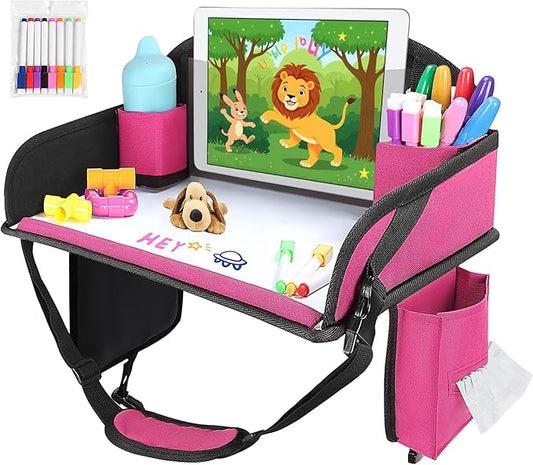 WENRENER Kids Travel Tray for Airplane - Toddler Car Seat Table Tray, Road Trip Essentials for Boys & Girls, Carseat Lap Desk for Kids Road Trip Activities (Pink)