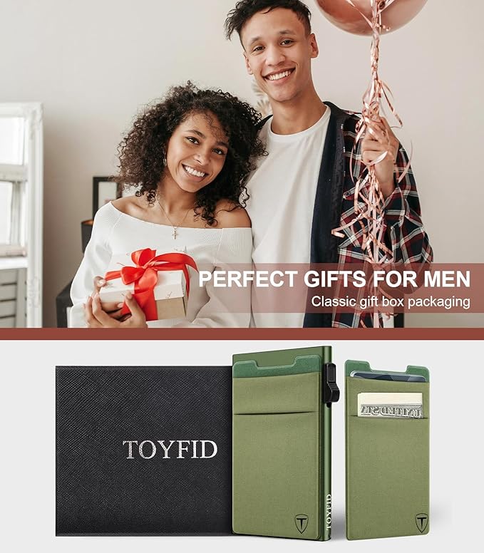 Slim Wallet for Men,Pop Up Credit Card Wallet Aluminum Minimalist RFID Blocking Smart Card Holder with Cash Slot for Front Pocket,6-12 Card Capacity, Green