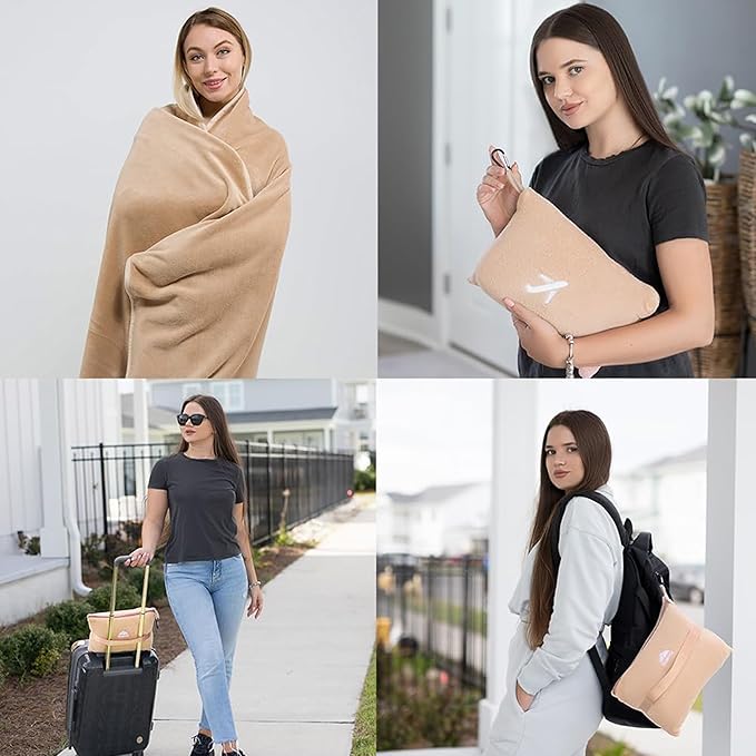 BlueHills Travel Blanket Pillow in Mini Soft Case Premium Plush Airplane Blanket Compact Luggage Belt and Backpack Clip Warm Plane Pillows Traveling Gifts Packable - Beige M06