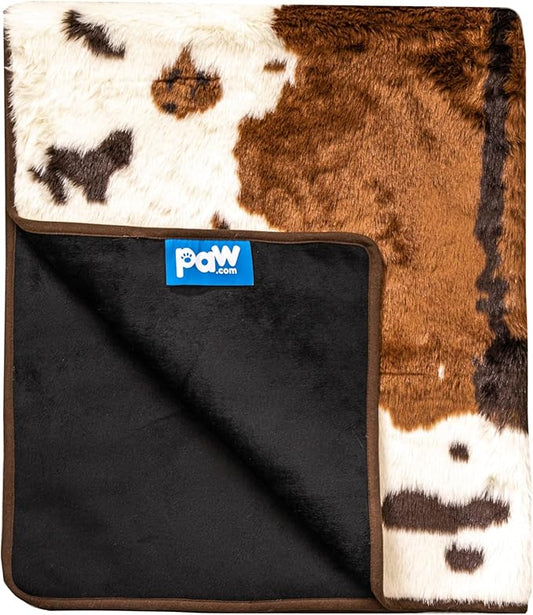 PAW BRANDS PupProtector Waterproof Throw Blanket for Dogs and Cats, Pet Blanket Cover for Couches, Sofas, Beds, Car Seats, Furniture, Calming Soft Faux Fur, Brown Cowhide, Large (80" L x 62" W)