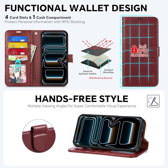 TUCCH Detachable Case Wallet for iPhone 17 Pro (6.3") 2025, Wrist Strap | 4 Card Holders RFID Blocking | Wireless Charging | Stand | 2-in-1 Magnetic | PU Leather | Shockproof Folio Cover | Dark Red