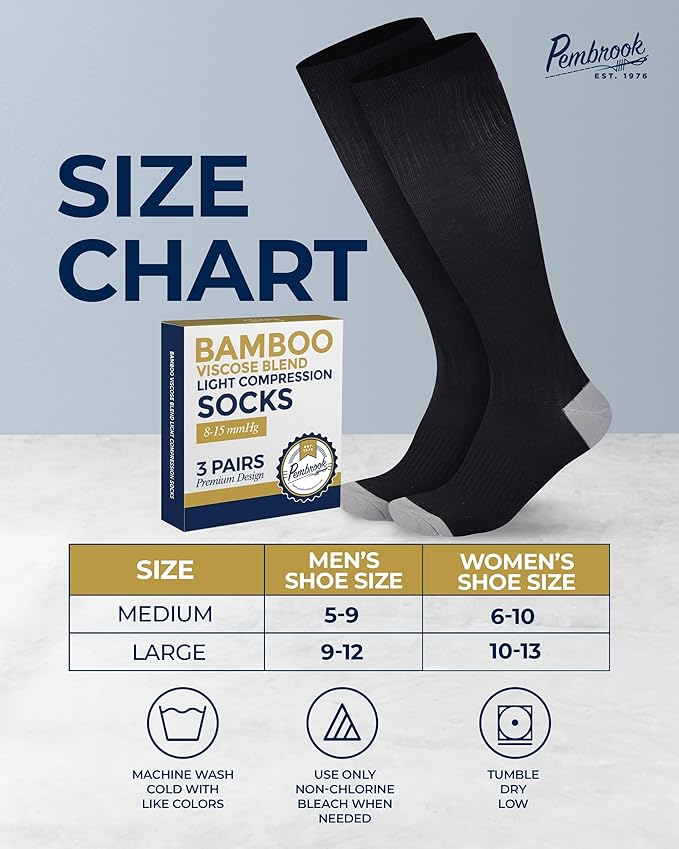 Pembrook Bamboo Viscose Light Compression Socks - 3 Pairs | 8-15 mmhg Compression Socks | Knee High Comfort Support Socks