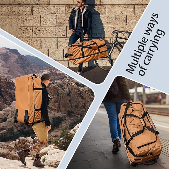 110L Expandable to 140L 32” Foldable Oxford Soft-Sided Rolling Duffle Bag with 2 Heavy-Duty Wheels,3 Large Compartments,Adjustable Shoulder Strap and Attached Organizer Pouch,Coffee