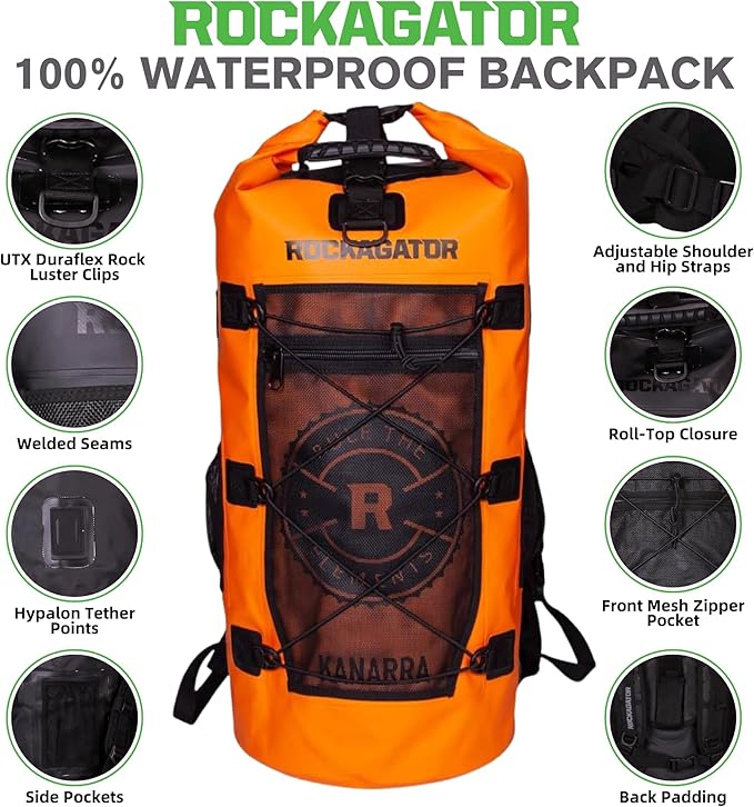 Rockagator Kanarra 90L Waterproof Backpack for Camping, Hiking, Mountaineering, Backpacking, Hunting, Fishing, Canoeing, Outdoor Activities, The Wet Outdoors - Large Capacity, Roll Top Closure, Orange