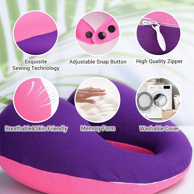 COOLBEBE Kids Travel Neck Pillow, Softly Double Support Neck Pillow for Car & Airplane, Traveling Gifts for Toddler & Children (1, Pinkish Purple)