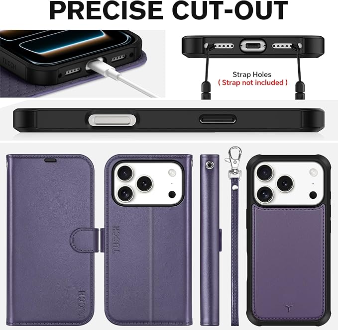 TUCCH 2-in-1 Removable Wallet Case for iPhone 17 Pro (6.3-inch) 2025, Wireless Charging | RFID Blocking 4 Card Holders | Wrist Strap | Kickstand | Magnetic | PU Leather Protective Cover | Deep Purple