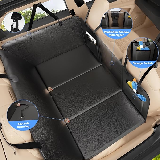 Back Seat Extender for Dogs-Upgraded PU Leather, Hard Bottom Dog Car Seat Cover for Back Seat, Anti-Scratch Backseat Extender for Dogs,Waterproof Dog Hammock for Car, SUV, 420lbs