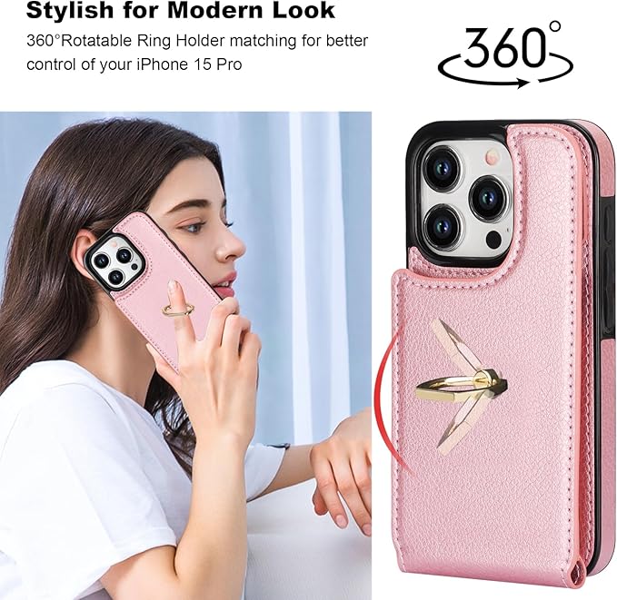 Folosu Compatible with iPhone 15 Pro Case Wallet with Card Holder, 360°Rotation Finger Ring Holder Kickstand, RFID Blocking Leather Protective Double Buttons Shockproof Cover 6.1 Inch Rose Gold