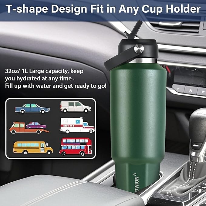 HYDROWION 32 oz Insulated Water Bottle, Car Water Bottle Holder - Double Wall Vacuum Insulated Travel Bottle with Straw Lid, Spout Lid and Flex Cap - Cold for 24H, Hot for 12H, Olive