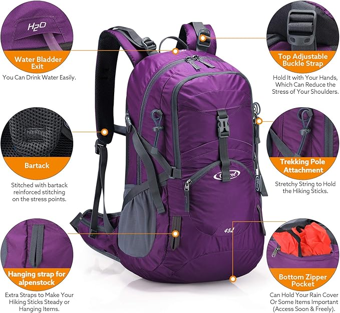 G4Free 45L Hiking Travel Backpack Waterproof with Rain Cover, Outdoor Camping Daypack for Men Women(Purple Red)