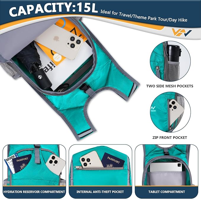 15L Foldable Hiking Backpack,Lightweight Packable Waterproof Machine Washable Daypack with Chest Strap,Small Folding Pack for Travel/Walking for Men&Women-0.52LB Green