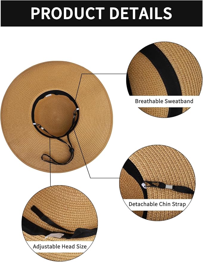 Senker Fashion Sun Hats for Women, Wide Brim Floppy Beach Straw Hat for Summer Travel Vacation Foldable with Sunglasses