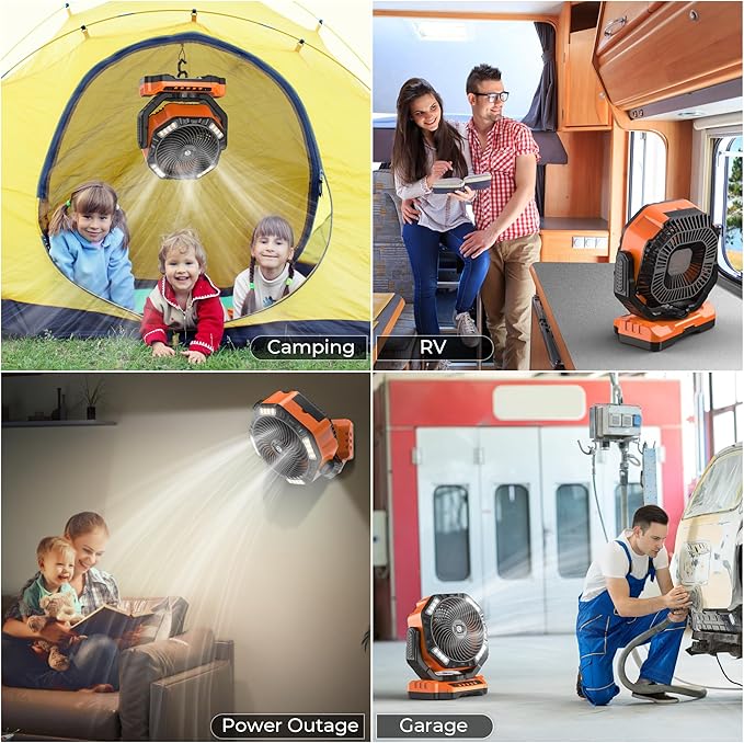 20000mAh Camping Fan with Light - 12in Rechargeable Battery Powered Fan (68H Cool Max), 90°Auto Oscillating with Remote & Hook, 4 Speeds & Timers for Outdoor/Patio/Garage/Jobsite/Hurricane/Outage