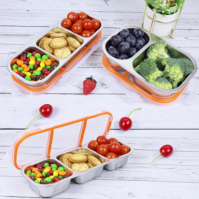 Ahongwenxi Stainless Steel Snack Box Containers, Reusable 3 Compartment Condiment Box with Lids, Food Container Sauce Cups, Divided Food Storage Containers for Home and Travel (Clear Lid)