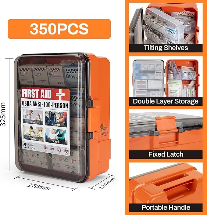 RHINO RESCUE First Aid Kit for Business - Plastic Wall Mounted First Aid Box, Hard Case Emergency Kit for Home, Office, Workshop, Restaurant (Orange)